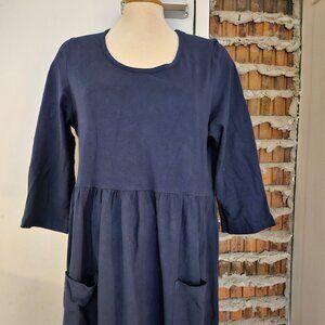 Ulla Popken Maxi Dress Navy Empire Waist 3/4 Sleeves Pocket Size 12 14